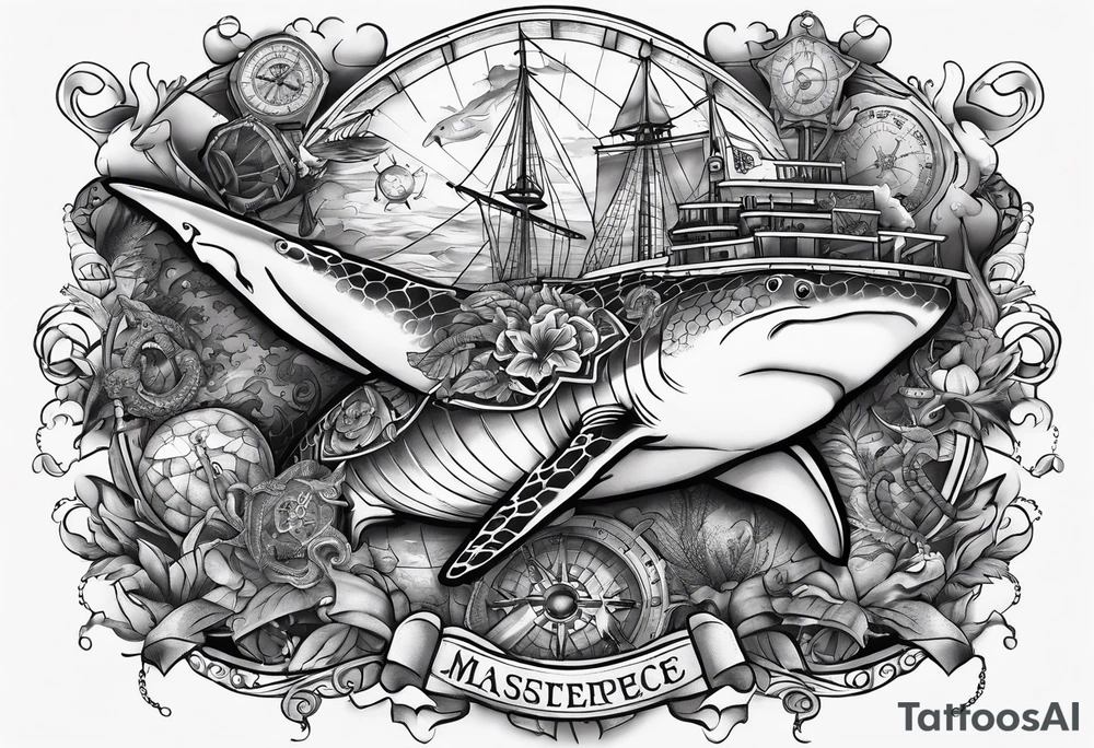 Nautical theme leg tattoo with shark, turtle, treasure map, compass, octopus, bell diver tattoo idea Nautical theme leg tattoo with shark, turtle, treasure map, compass, octopus, bell diver tattoo idea