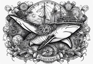 Nautical theme leg tattoo with shark, turtle, treasure map, compass, octopus, bell diver tattoo idea