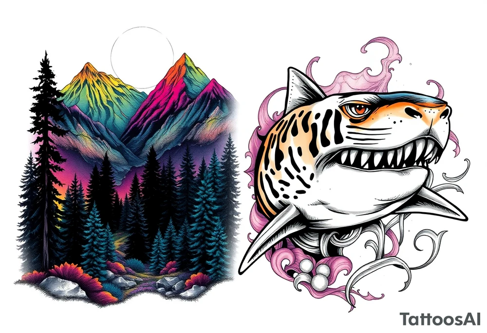 forest mountains in color and tiger shark in black and white tattoo idea