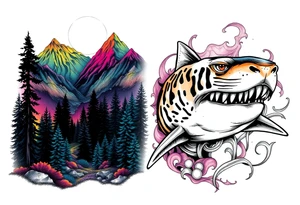 forest mountains in color and tiger shark in black and white tattoo idea