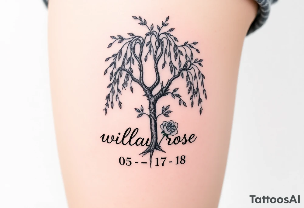 Willow tree with roses and the words "willow rose" and the numbers "05 - 17 - 18 tattoo idea