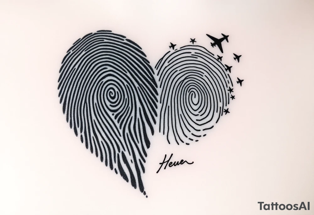 Two fingerprints merged into a heart shape, with the top right edge breaking away into a few small planes flying into the sky.

Signature Beneath the heart in the loved one’s handwriting flowing up into the heart

Take the first image and refine it. The line at the end of the signature should flow upward, creating the right side of the heart and flows into a planes design

Continue to refine the first image. Have the signature start in the left side from the scrolls in the fingerprint. Fade the fingerprint design all the way up to the top right. The entire right side of the heart should have fingerprint design in it but you should be able to distinguish the signature. The signature should be the bottom border of the heart and it's lines should define the bottom left side of the heart and should flow upwards into the plane tattoo idea