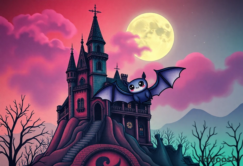 Tim Burton’s haunted castle is abandoned and dripping with muted reds, dusty pinks, and eerie green glow.purple and cyan smokey clouds swirl in the crescent moonlit sky thats sprinkled with stars under the castle an adorable kawaii bat spreads its wings tattoo idea tattoo idea