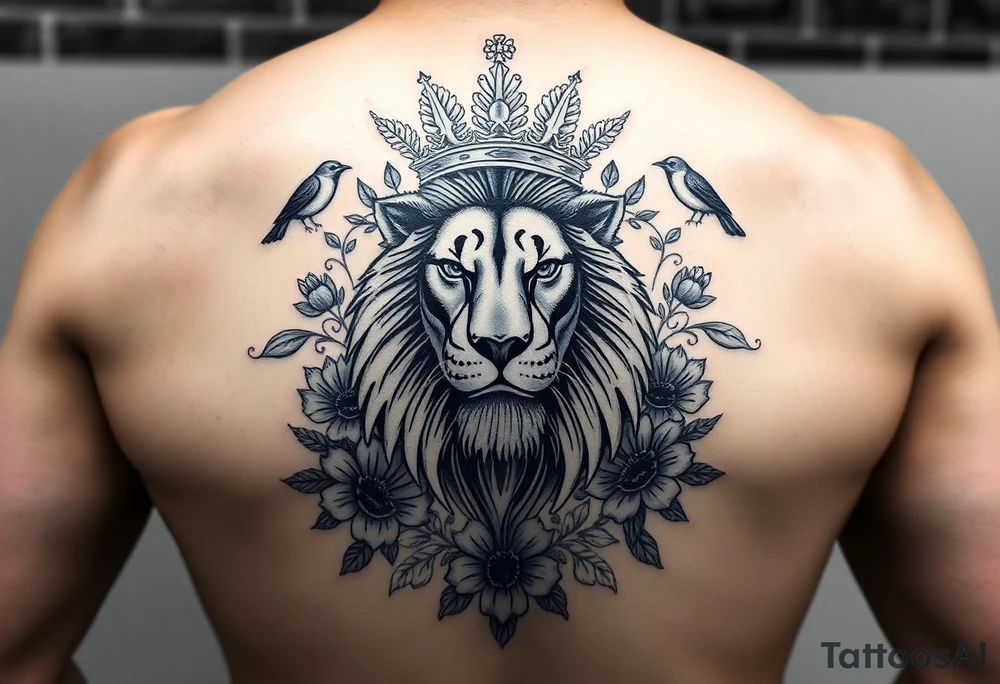 powerful majestic lion with a crown, surrounded by floral ornaments and birds tattoo idea