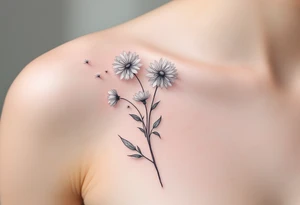 Windblown dandelion with translucent petals in pearl gray, blowing across the ribs into soft abstract shapes tattoo idea