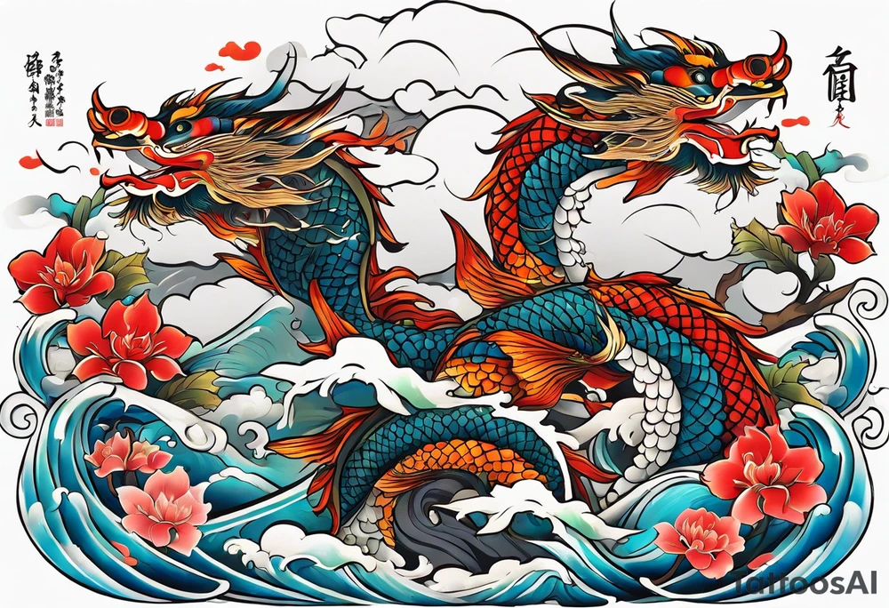 Japanese motives tattoo including geisha dragon coy fish looking like a scenery tattoo idea