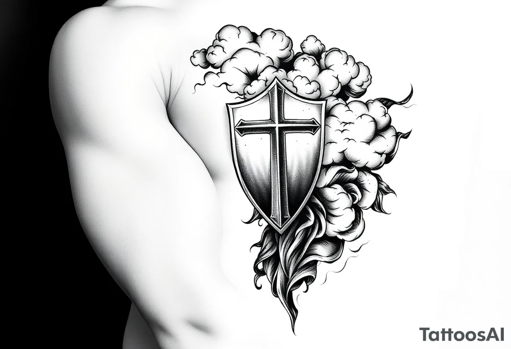 Half sleeve. powerful, cloud, shield, cross, sky tattoo idea
