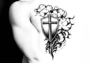 Half sleeve. powerful, cloud, shield, cross, sky tattoo idea