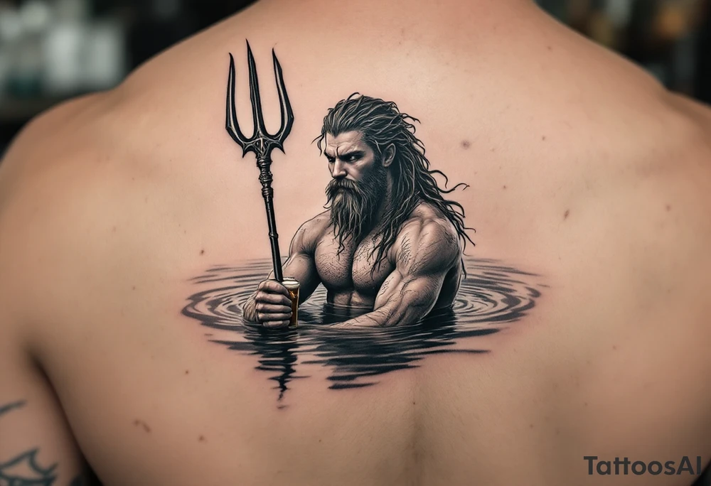 young, fit poseidon in calm water, holding a trident, drinking a beer tattoo idea