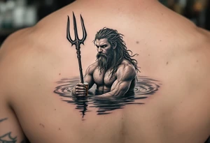 young, fit poseidon in calm water, holding a trident, drinking a beer tattoo idea