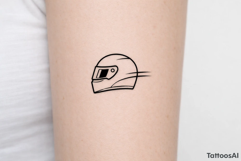 Minimalist motorsport tattoo, a sleek racing helmet in side profile with two subtle aerodynamic speed lines, black ink only, clean geometric linework, no shading, no text, compact square composition, highly recognizable at 5x5 cm, professional tattoo stencil, white background. tattoo idea