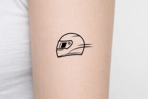 Minimalist motorsport tattoo, a sleek racing helmet in side profile with two subtle aerodynamic speed lines, black ink only, clean geometric linework, no shading, no text, compact square composition, highly recognizable at 5x5 cm, professional tattoo stencil, white background. tattoo idea