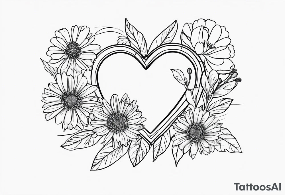 Heart with aster flowers and Cameron as the line to draw the heart and the time 8:34am written with the line tattoo idea