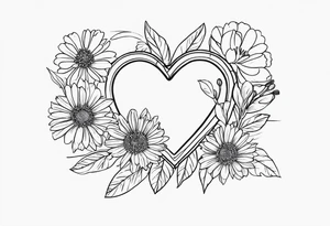 Heart with aster flowers and Cameron as the line to draw the heart and the time 8:34am written with the line tattoo idea