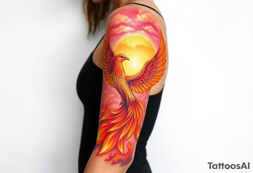 magnificent phoenix rising from flames with trailing embers pinks golds orange and yellows with a golden sunset and sky with puffy clouds and heaven backdrop tattoo idea