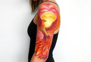 magnificent phoenix rising from flames with trailing embers pinks golds orange and yellows with a golden sunset and sky with puffy clouds and heaven backdrop tattoo idea