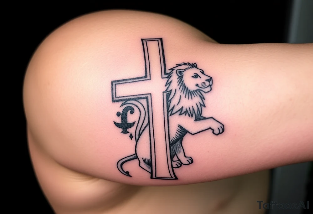 cross  with lion and the lamb background tattoo idea