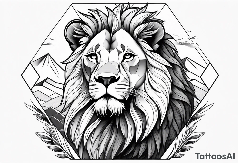 shoulder sleeve with lion and cub, landscape background tattoo idea