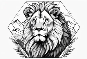 shoulder sleeve with lion and cub, landscape background tattoo idea