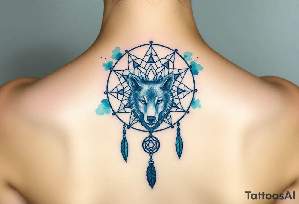 Dreamcatcher with zodiac symbols and protection runes caught in it with wolf teal tattoo idea