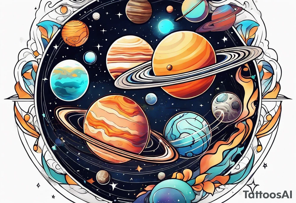 Solar system planet bouquet tattoo idea