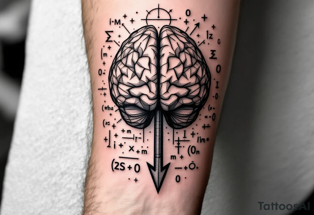 A front-seen brain in geometric and straight lines, math symbols arround. A detailed arrow crossing from below, with its tip desintegrating to represent to represent entropy. Around of the main tattoo, math and physics formulas fill the space, including the formula "ΔS ≥ 0" and the formula "(iδ + m) Φ = 0" tattoo idea