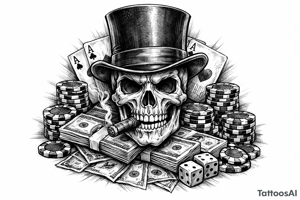 skull with cigar in his mouth,top-hat surrounded by poker-chips,paying cards and money. tattoo idea