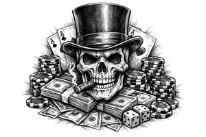 skull with cigar in his mouth,top-hat surrounded by poker-chips,paying cards and money. tattoo idea