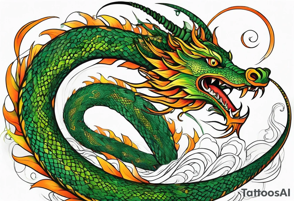 Long Snake dragon green orange tattoo idea