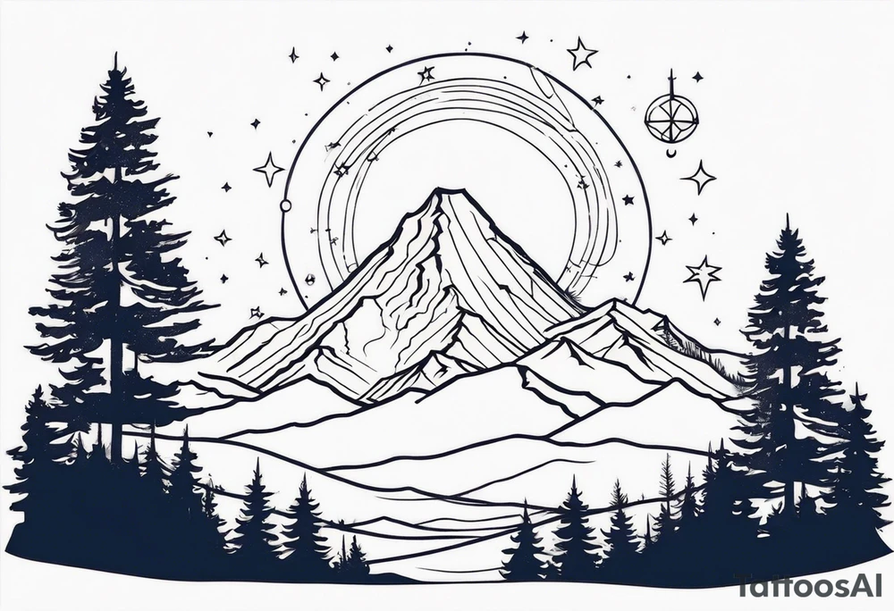 A mountain in the background, with a pine tree in front of the constellation of Aquarius tattoo idea