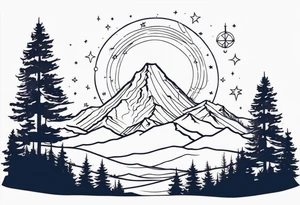 A mountain in the background, with a pine tree in front of the constellation of Aquarius tattoo idea