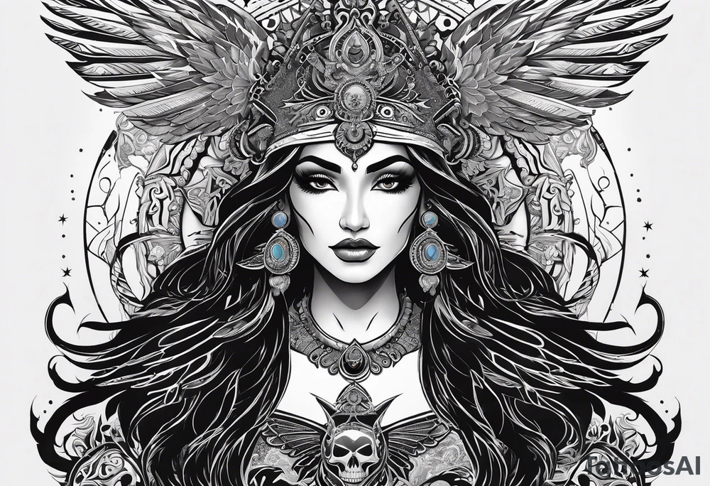 black kali, goddess pirate, alien, angel, pachamama, valkrye, warrior, flying, skull, lotus azul, wing, eagle, zenza resonance, stars, 5D, anahata chakra tattoo idea