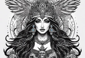 black kali, goddess pirate, alien, angel, pachamama, valkrye, warrior, flying, skull, lotus azul, wing, eagle, zenza resonance, stars, 5D, anahata chakra tattoo idea