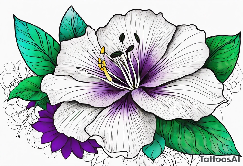 An outline of a rio dipladenia flower with a green and purple watercolor mix in the background tattoo idea