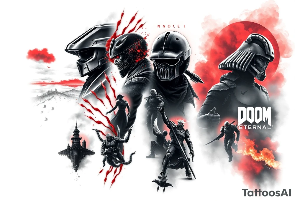 Full arm sleeve tattoo design, black and grey realism with selective color pops, cinematic 3D style.
Outer left arm: Halo Reach skyline in storm clouds with ember-red glow, emille silhouette in distance.
Ghost of Tsushima: Jin Sakai face and mask, katana behind, with flowing blood-red cherry blossoms drifting across.
Helldivers 2: silhouettes of Helldivers dropping from pods through smoke and sparks (orange sparks glowing), wrapping around the elbow area.
DOOM Eternal: hyper-realistic Doom Slayer bust/helmet in brutal combat with snarling demon, molten fire glow in background, flames bursting in deep orange-red.



Inner left arm: Firewatch tower in silhouette on ridges, orange and purple dusk glow blending into smoke. tattoo idea