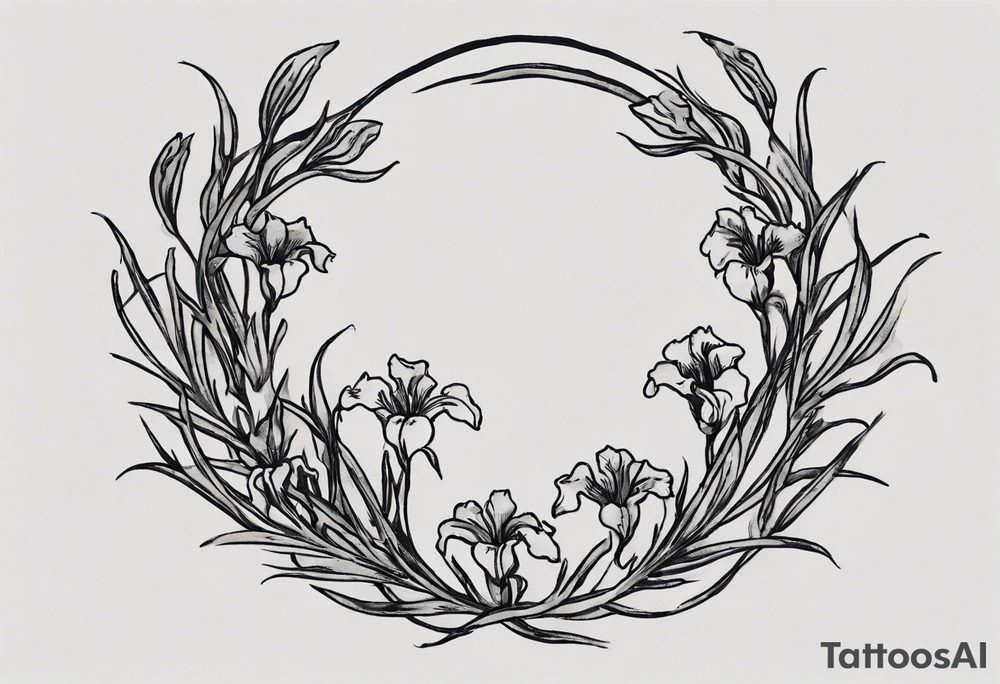 Create a small Vincent van Gogh Irises tattoo. The tattoo should take the form of a crescent, with vines gracefully intertwining at a central point in the middle of the wreath. Ensure that the design avoids the appearance of a bush and maintains a more structured and deliberate arrangement. The intended placement is on the upper chest. The overall design should be small in size while maintaining a delicate and artistic aesthetic. Pay attention to the graceful flow of the vines and the placement of the irises to achieve a refined and elegant look. tattoo idea