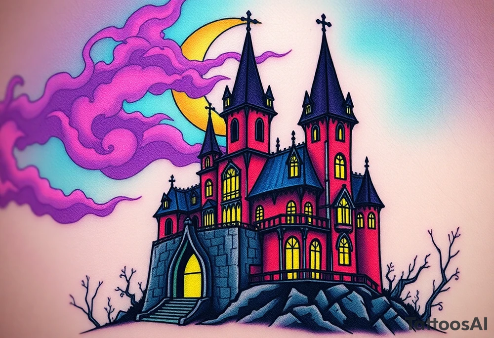 Tim Burton’s disney sleeping beauty’s haunted castle is abandoned and dripping with muted reds, dusty pinks, and eerie green glow.purple and cyan smokey clouds swirl in the crescent moonlit sky thats sprinkled with stars tattoo idea tattoo idea