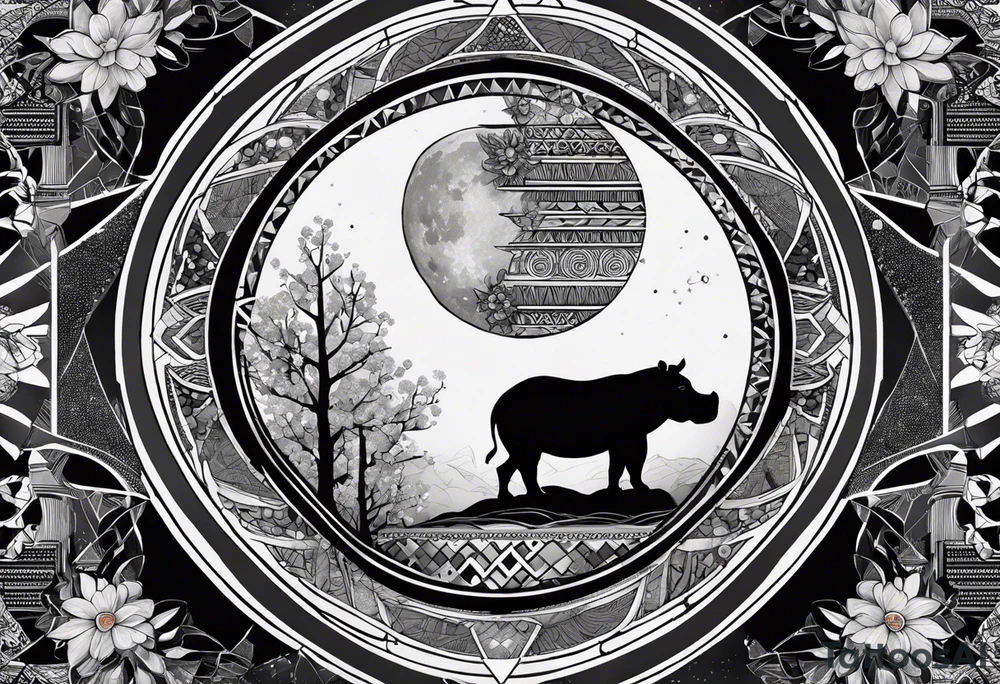 Very asymmetrical, +geometric pattern, with realistic full moon, with hippo,+tribal, +geometric, +inkart , +blackwork, +grey scale, + sketch
with wintersweet flower bud, +inkart touch, +for men, detailed , combined favourite , tattoo idea