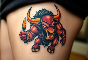 A mighty Minotaur, its massive frame glowing with a bronze sheen under flickering torchlight tattoo idea