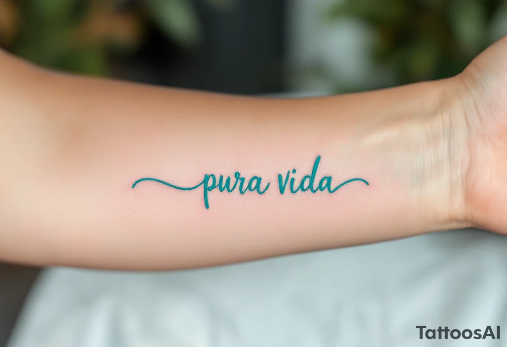 Minimal “Pura Vida” with a single turquoise wave curling underneath the text in a continuous line. tattoo idea