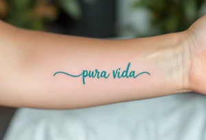 Minimal “Pura Vida” with a single turquoise wave curling underneath the text in a continuous line. tattoo idea