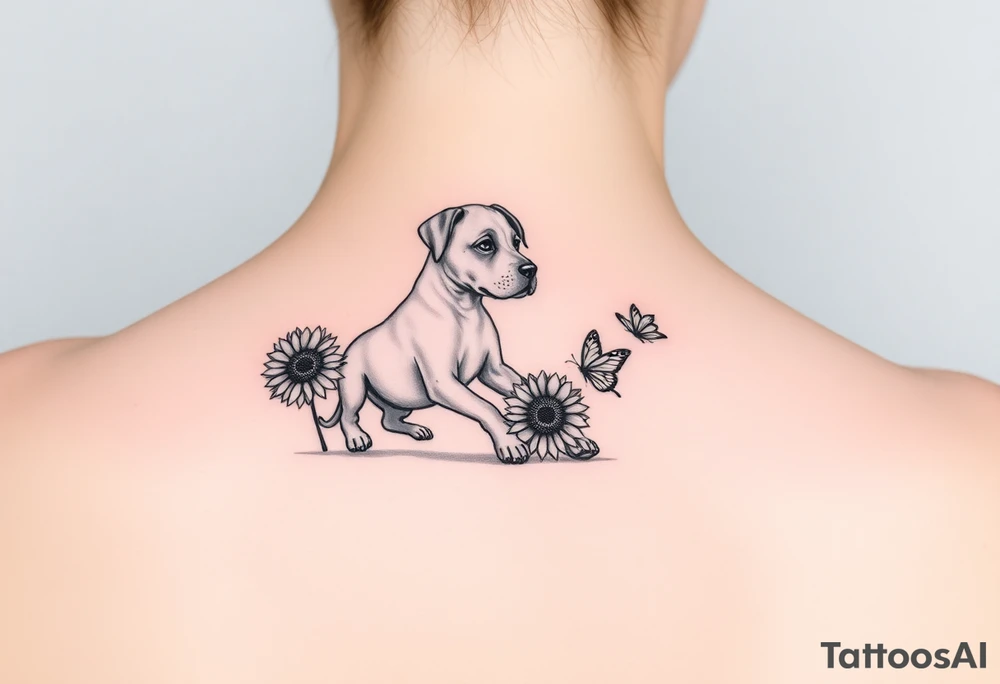 Small tattoo of Great Dane puppy playing in sunflowers and chasing a butterfly. tattoo idea