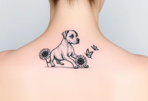 Small tattoo of Great Dane puppy playing in sunflowers and chasing a butterfly. tattoo idea