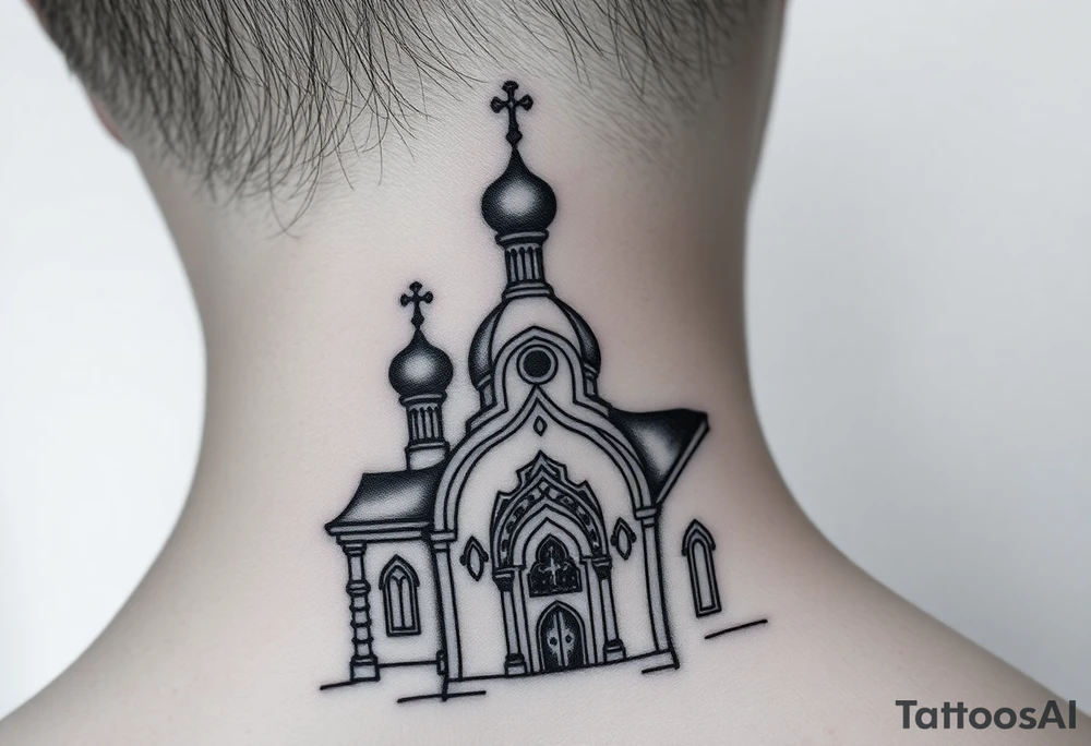 medium sized Russian orthodox church with bulb domes with a prominent russian orthodox mosaic tattoo idea