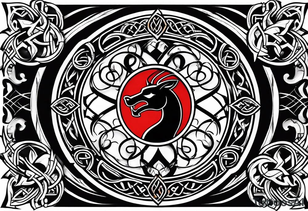 mortal kombat symbol with mickey mouse, palm trees and the celtic symbol for family tattoo idea