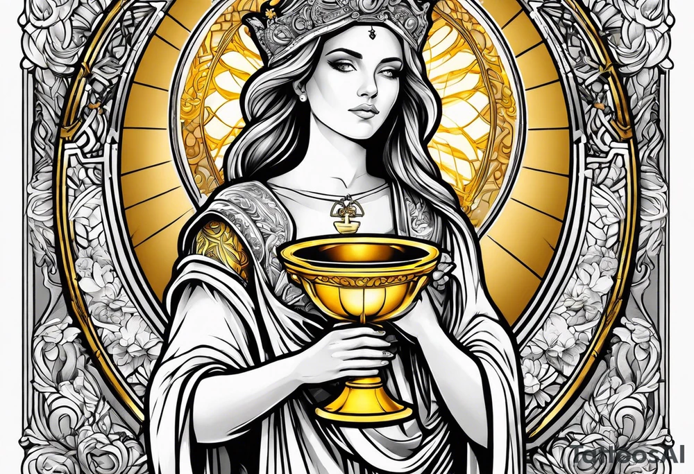 woman saint holding chalice surrounded by golden halo tattoo idea