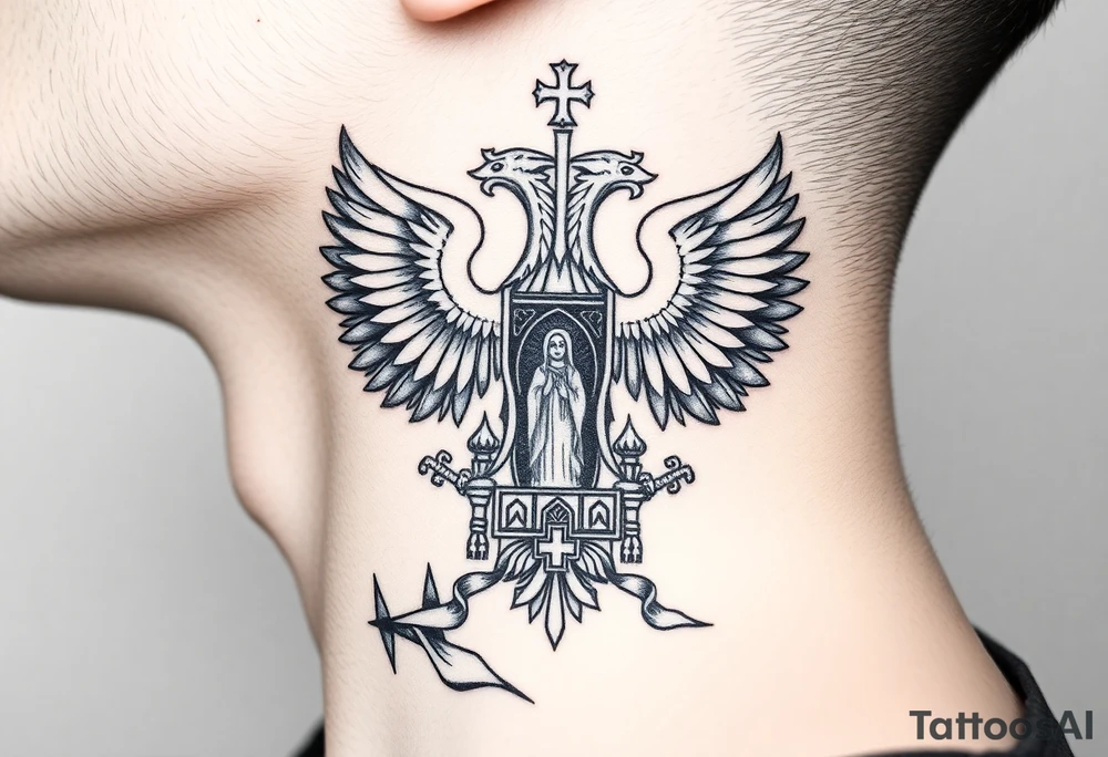 russian coat of arms double headed eagle traditional christian orthodox cross with a virgin mary stood in the entrance of a russian orthodox dome church on the side of the neck in a wilderness setting tattoo idea
