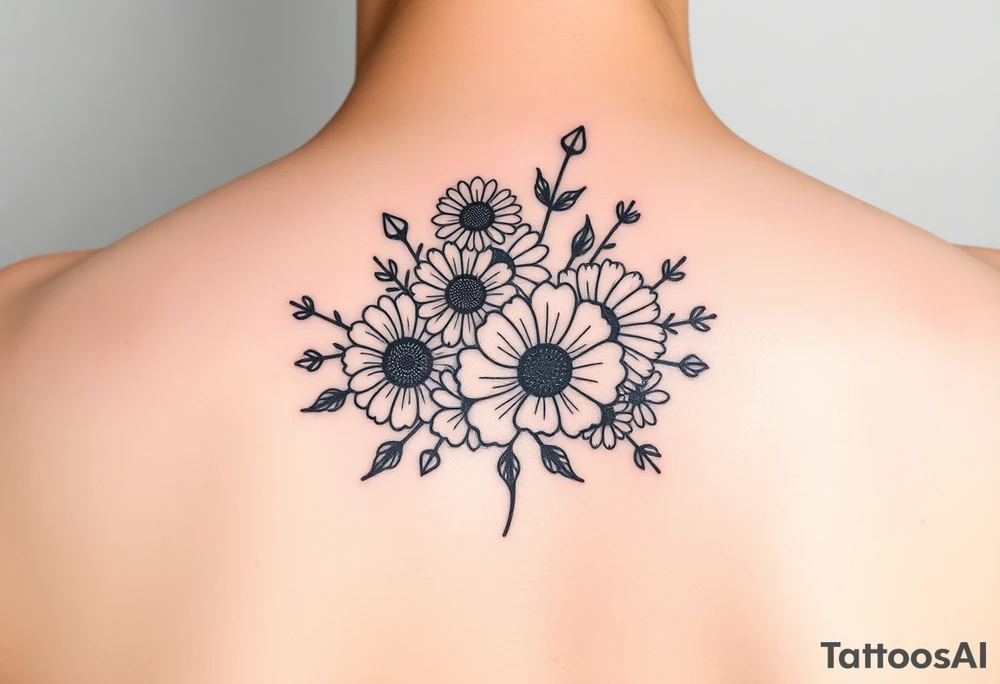 Small flower bouquet with order of flowers, daisy, cosmo, poppy, chrysanthemum, cosmo tattoo idea