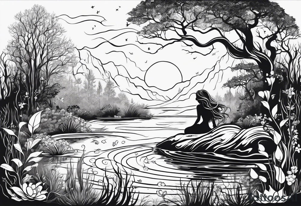 Mermaid silhouette in a swamp with trees and music. tattoo idea