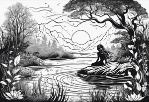 Mermaid silhouette in a swamp with trees and music. tattoo idea